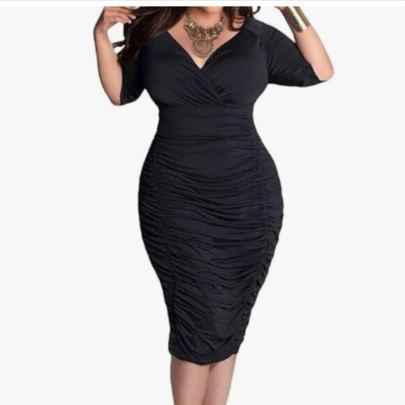 POSESHE Women's Plus Size Sexy Bodycon Party Dress Ruched Midi Club Dresses - Picture 1 of 16